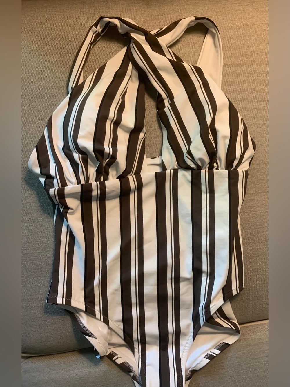 CALIA by Carrie Underwood Brown and White Striped Halter Swimsuit